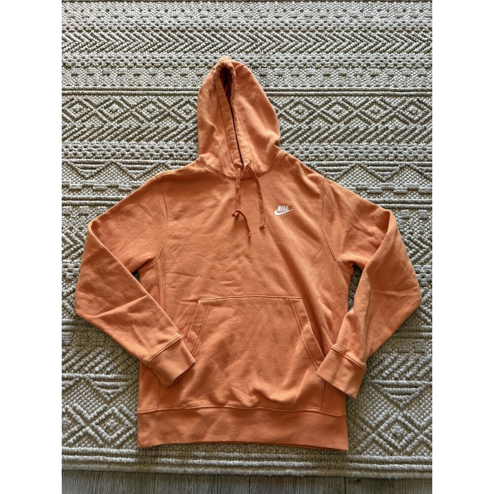 Nike Men's Orange Solid Logo Fleece Pullover Hoodie Pockets Size Small